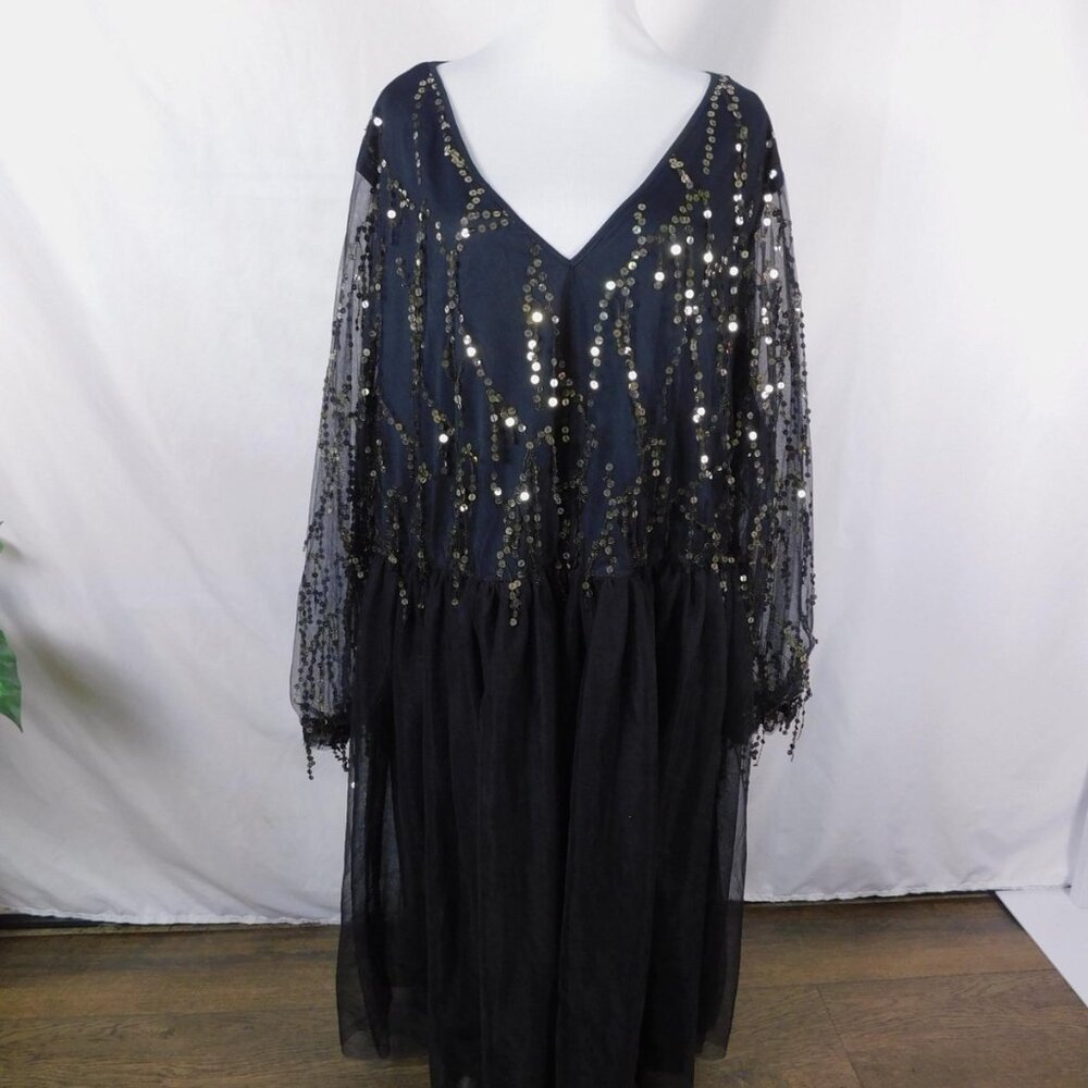 BloomChic Black Gold Sequin Mesh Dress 26 - V-Neck Plus - Excellent